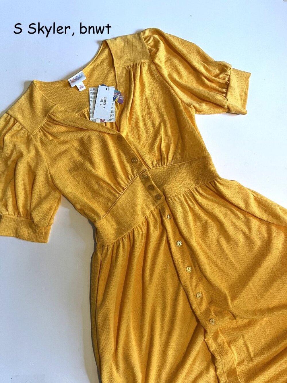 Small Lularoe Skyler midi button front dress, bright yellow